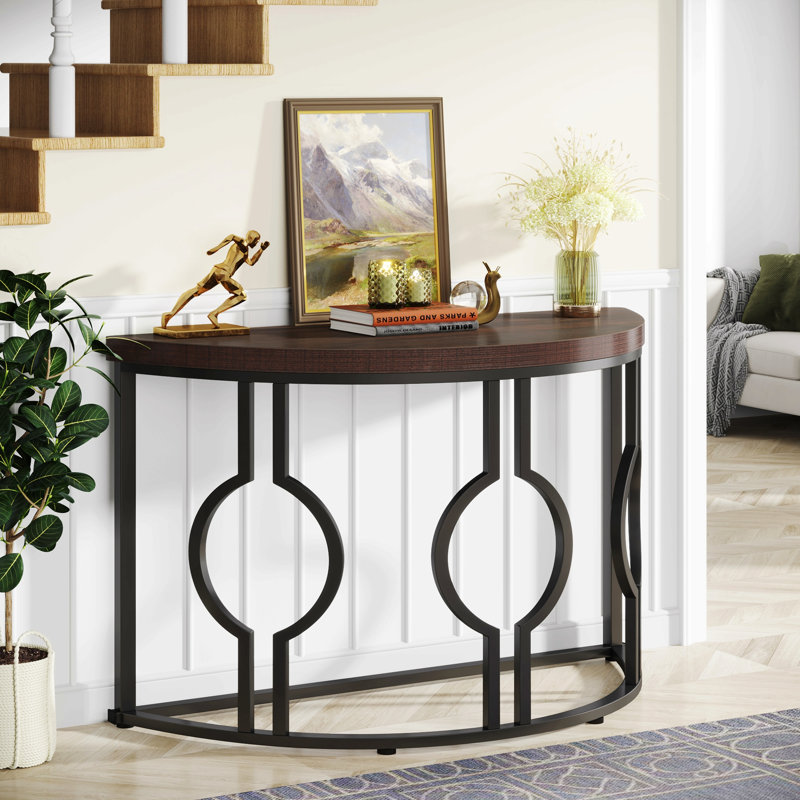 Console demi-lune pour le hall d'entrée, canapé industriel semi-circulaire de 44 pouces avec base géométrique, table d'appoint en bois pour le salon, couloir, vestibule, entrée, brun rustique