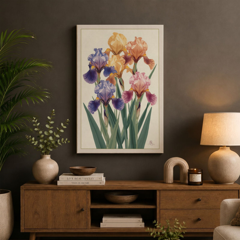 Iris Garden Botanical - Wrapped Canvas, 36x24 - 91.4 x 61.0 cm, Terracotta Border