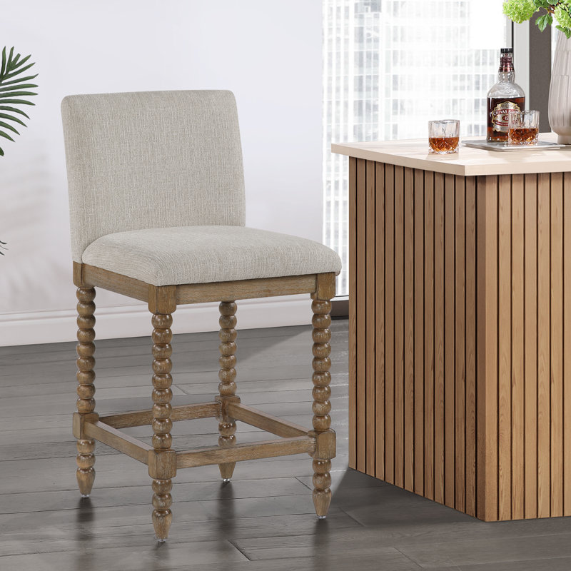 Carollyn 26" High Modern Farmhouse Turned Leg Beaded Counter Stool, Chenille-Cream, Brown
