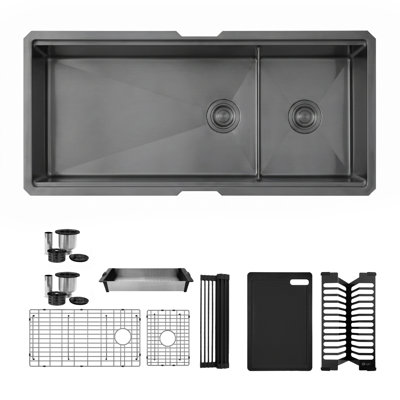 Undermount 42 inch Graphite Black Stainless Steel Double Bowl 70/30 Workstation Kitchen Sink with Accessories