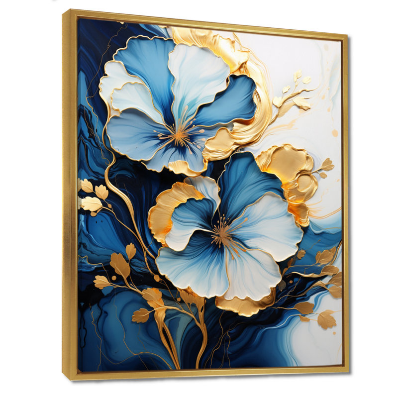 «White Blue Flower Gold Leaves - Abstract Modern Waves», art mural, H 32 po x l 16 po x P 1 po, Toile avec cadre flottant or