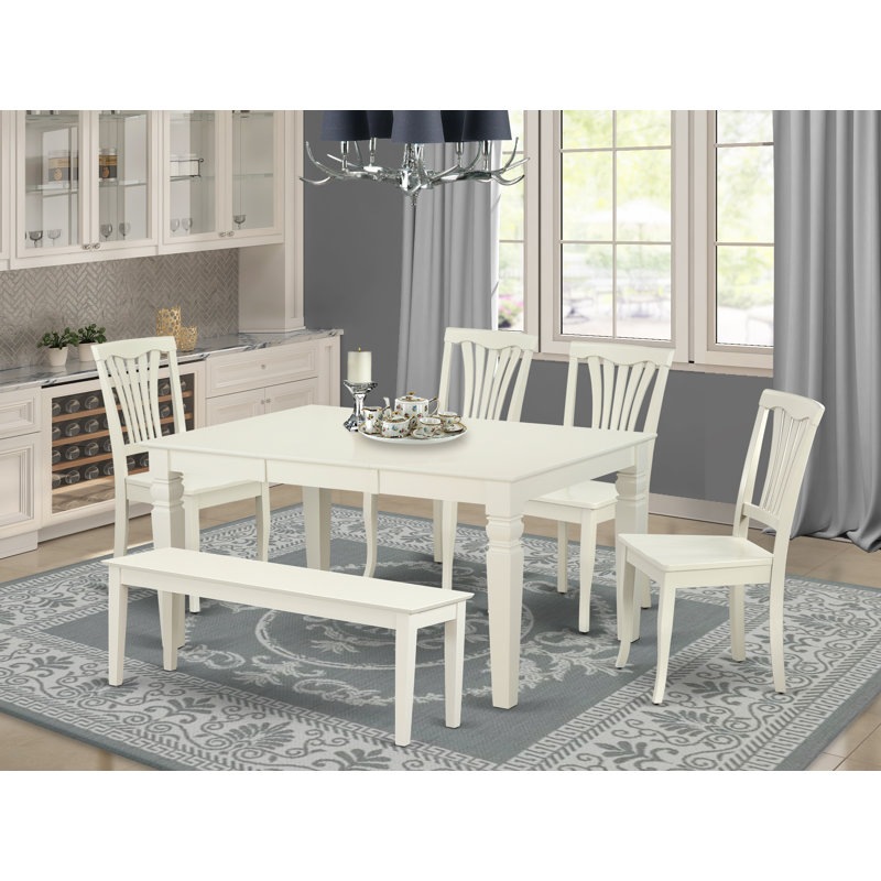 L'ensemble de salle à manger 6 pièces contient une table de salle à manger rectangulaire avec rallonge papillon et 4 chaises de cuisine avec banc, lin blanc