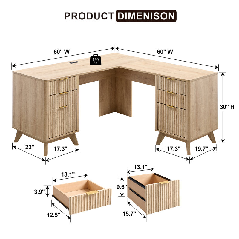 Bureau de direction en L 59 po, Chêne naturel