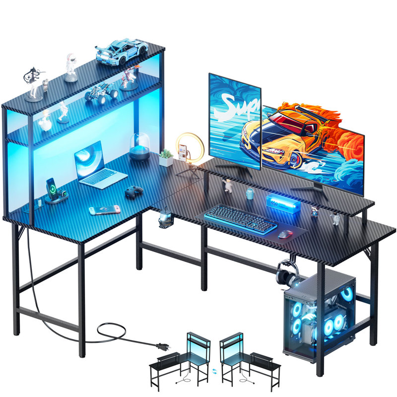 HLDIRECT L Shaped Gaming Desk, Reversible Computer Desk with Power Outlet & LED Lights- L Shaped Desk with Shelves and Monitor Stand, Carbon Fiber Corner Desk with Cup Holder & 2 Hooks