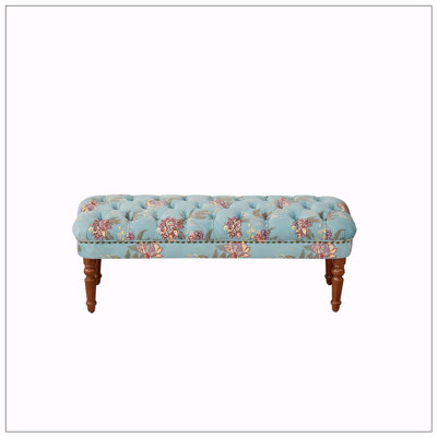 European Style Tufted Floral Bench with Turned Wood Legs