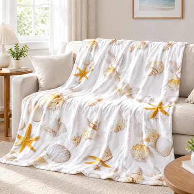Jeté en flanelle à motif d'étoiles de mer - thème nautique blanc et or, ultra doux, léger, respirant, toutes saisons, doux pour la peau, lavable à la machine, décoratif, pour canapé, canapé, salon et chambre à coucher