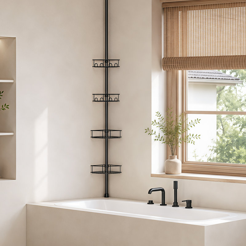 Poteau de tension en coin pour chariot de douche, organisateur de rangement de salle de bain à 4 niveaux réglable à l'épreuve de la rouille de 63,7 à 119 pouces, support de douche