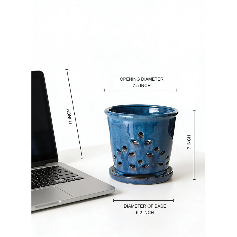  Jardinière en céramique Blue Leaf Breeze, pot de fleurs ventilé avec soucoupe fixe, pot de fleurs d'intérieur pour plantes d'intérieur, contenant décoratif pour la maison, le bureau, 7 po de diamètre et 7 po de hauteur, paquet de 6