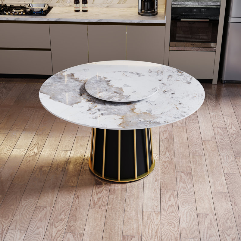 Round Sintered Stone Dining Table With Lazy Susan, Pandora, 29.53" H x 53.15" L x 53.15" W