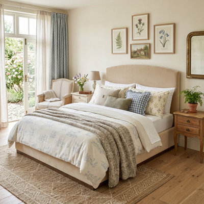 Modern Upholstered Luxury Queen Bed Frame With Curved Thick Headboard, Solid Rubber Wood Base
