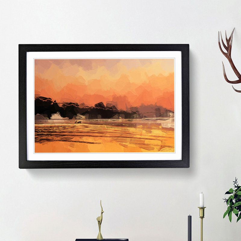 Boat Under an Orange Sunset in Abstract - Picture Frame Painting Print, Black Framed, 36cm H x 48cm W x 2cm D