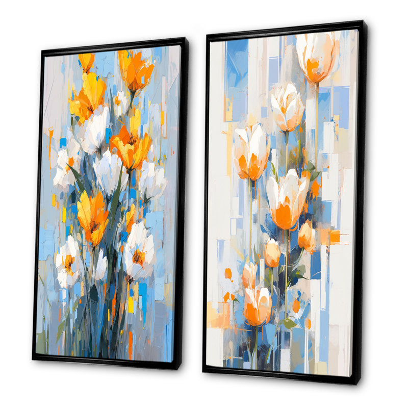 «Blue and Yellow Tulip Strip Expression» - Ensemble de 2 reproductions d'art sur toile, Cadre flottant noir