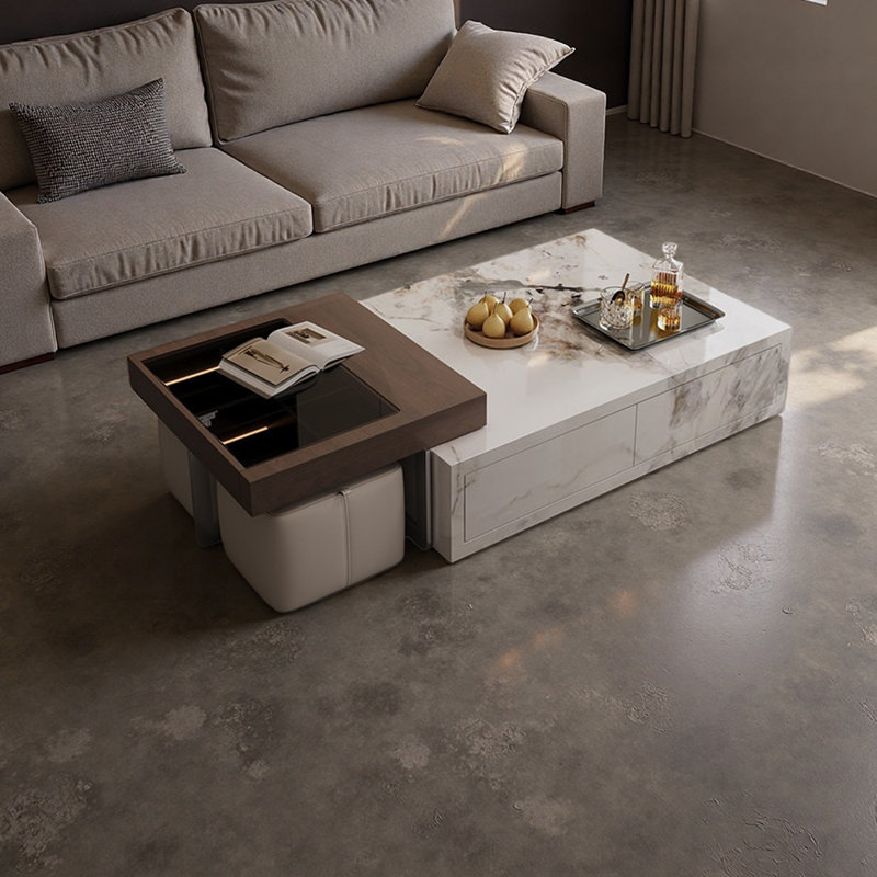Ensemble de tables basses avec 2 tabourets en ardoise, Blanc / noir / gris / brun noisette