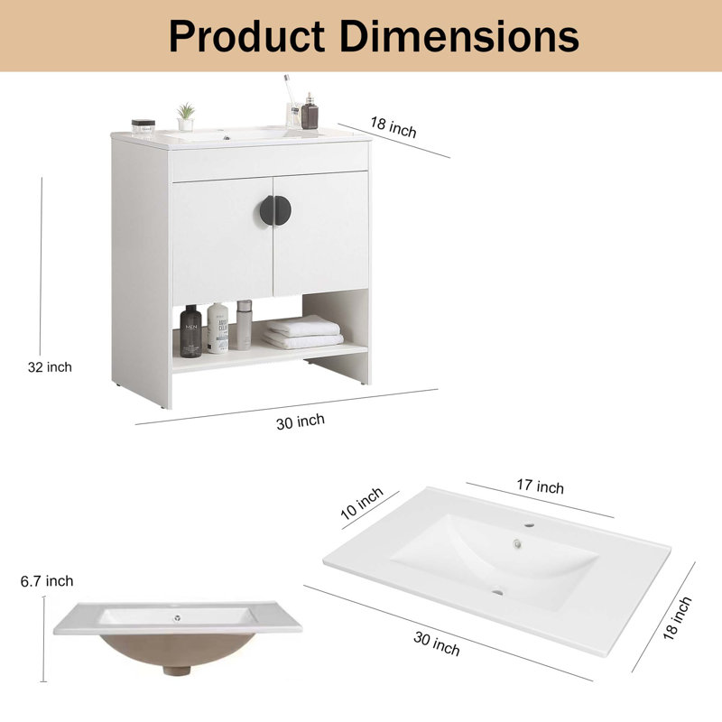 Meuble-lavabo de salle de bain avec lavabo en céramique blanche et 2 portes avec poignées en métal, Blanc