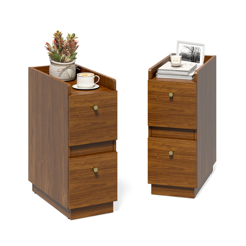 Narrow Night Stands with 2 Drawers, Modern Slim Nightstand Set of 2, Stackable Skiny Side Table for Small Space, Bedroom, Living Room, Walnut Brown