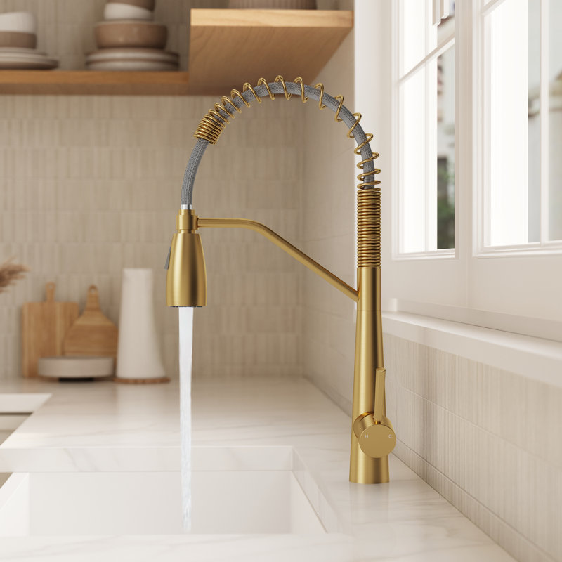 Commercial Dual-Function Pull Down Kitchen Faucet with High Arc Spring Spout , Brushed Gold