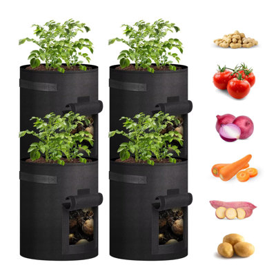 Paquet de 4 sacs de culture pour pommes de terre de 10 gallons avec poignée, rabat d'accès et fenêtre visuelle, contenant en tissu d'aération non tissé pour tomate, carotte, fruits, légumes, noir