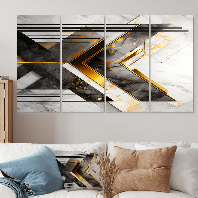 Golden Triangular Chevron - Geometric Wall Art For Living Room 4 Piece, H 28 po x l 48 po