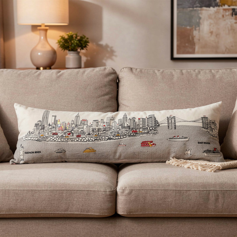 Coussin rectangulaire blanc NYC Daylight Skyline, 14 po x 45 po, Crème