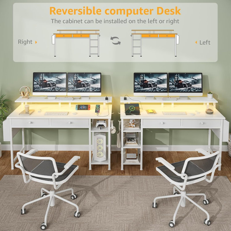 Bureau d'ordinateur blanc avec tablettes et tiroirs - Bureau à domicile de 47 pouces avec tiroirs et tablettes