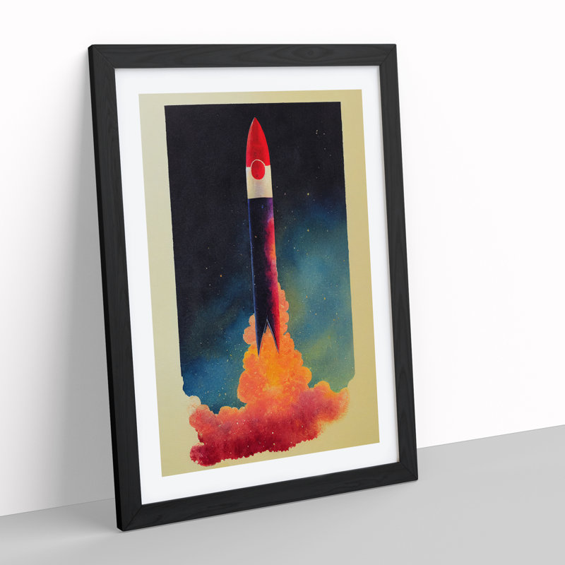 Adventurous Spaceship Rocket - Single Picture Frame Painting, 64cm H x 46cm W x 2cm D, Black Framed