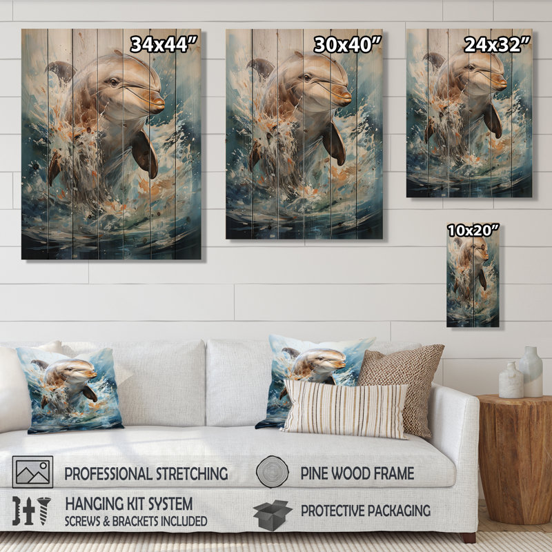 Dolphin Elegance - Art mural en bois de dauphin sur bois de pin naturel, H 20 po x l 10 po