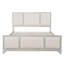 Structure de lit grand lit en bois avec tête de lit tapissier, tissu blanc et beige, plateforme en bois massif, style campagne moderne