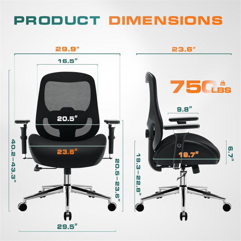 Grande et grande chaise de bureau avec coussin de siège large et épais pour les personnes lourdes Chaises de bureau ergonomiques en maille d'ordinateur avec accoudoirs 4D, soutien lombaire réglable pour adultes 8 heures de travail