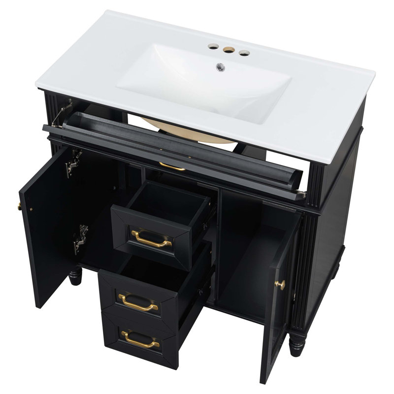 Meuble-lavabo autoportant 36 po avec lavabo en céramique 36 po, tiroir supérieur rabattable, portes à fermeture en douceur, 2 tiroirs de rangement