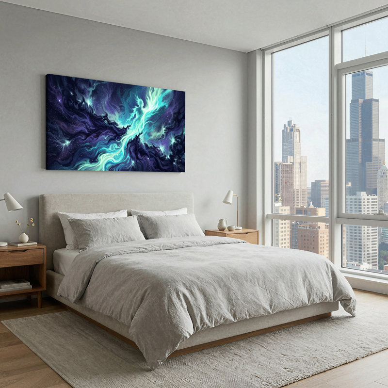 Nébuleuse cosmique tourbillonnante sur toile turquoise et violette, L 32 po x H 16 po