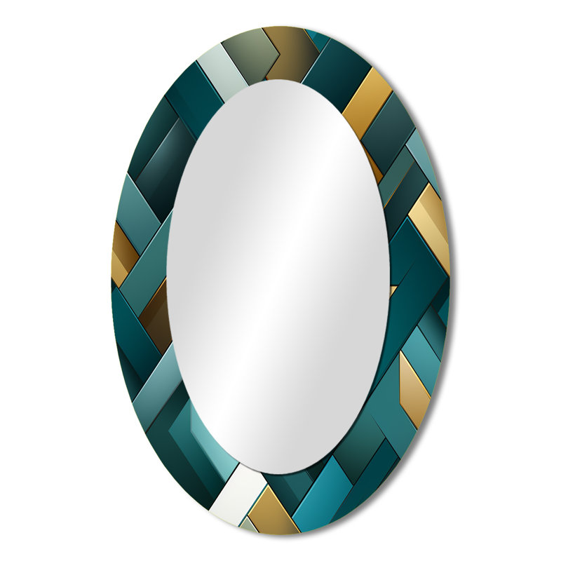 Carrelage géométrique moderne bleu sarcelle - Grand miroir mural ovale sur métal, H 36 po x l 24 po