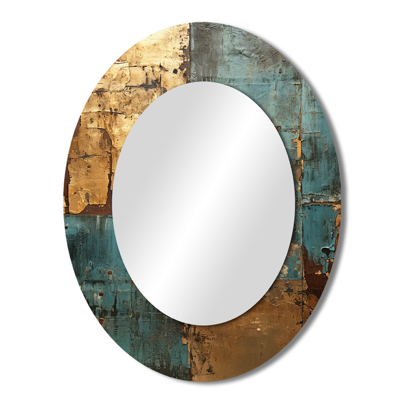 Kintsugi rétro glam rétro or sur turquoise - miroir décoratif ovale abstrait sur métal, 43 po x 33 po