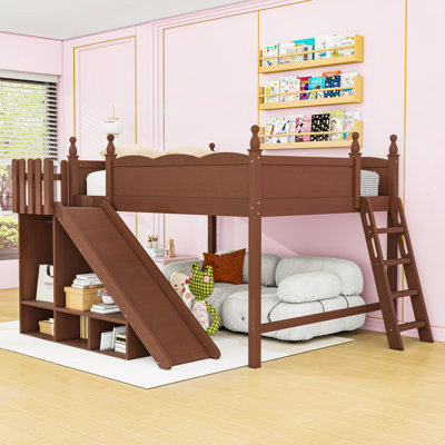 Lit mezzanine multifonctionnel en bois avec tablettes de rangement, garde-robe et glissade