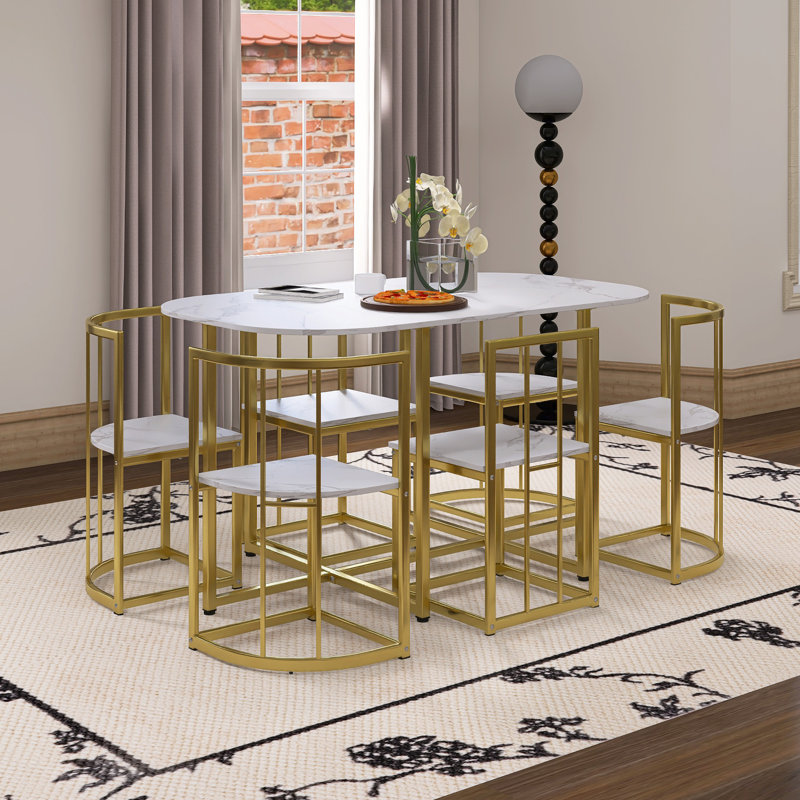 7-Piece Dining Table Set, Golden/White, Gold