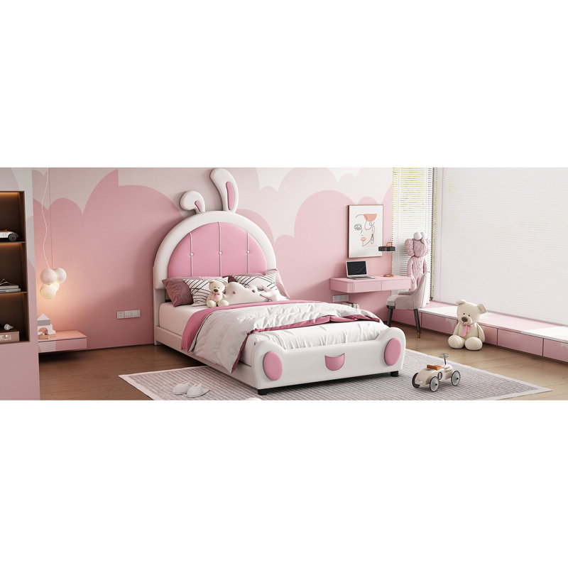 Lit plateforme simple avec tête de lit Lapin de charme - Design moderne blanc et rose rembourré