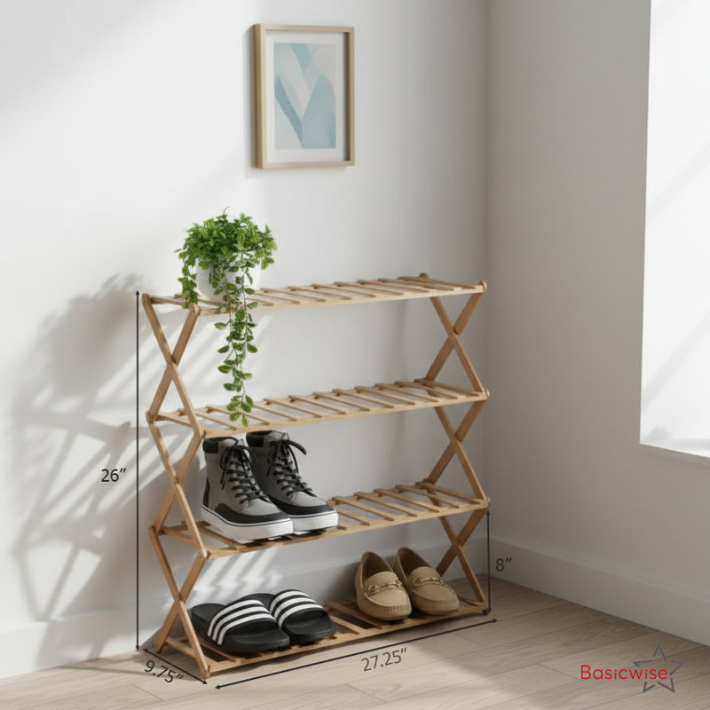  Ensemble de 2 range-chaussures pliables en bambou et étagère de rangement en bois multi-usage pour garde-robe d'entrée ou de salon