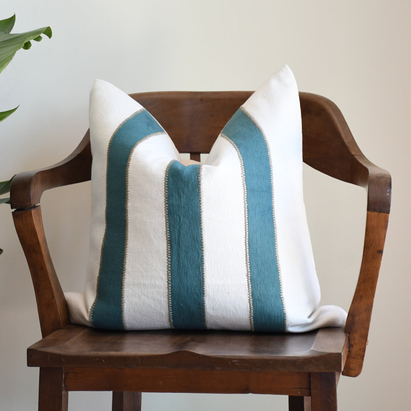 Ensemble de 2 housses de coussin texturées à rayures turquoise et blanches de style bohème, Rayé bleu / blanc, Carré 20 po