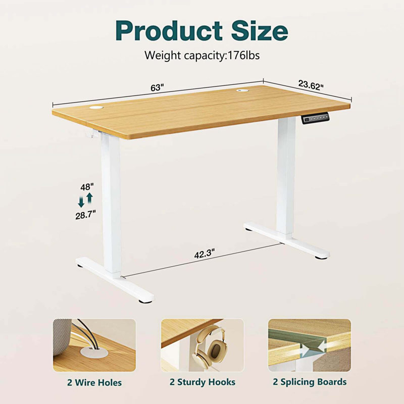 Bureau debout à hauteur ajustable Marther, Naturel/noir, H 28 po x l 62 po x P 23 po