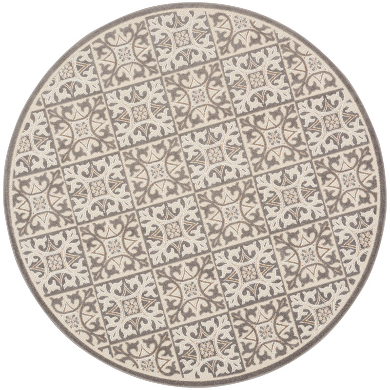 Aloha  Geometric Ivory/Grey Indoor/Outdoor Area Rug, Round 7'10"