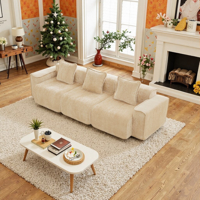 Canapé modulaire à 3 places avec passepoil à bordure française et coussins décoratifs en velours, Marron clair