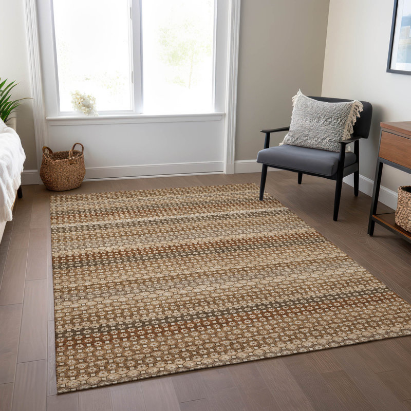 Rectangular Brown and Beige Synthetic Flat Woven Rug