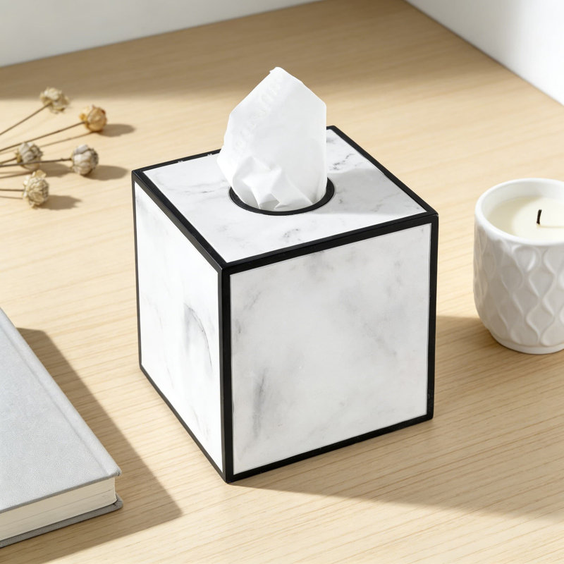 Couvercle de boîte à mouchoirs pour salle de bain et décoration intérieure, résine d'aspect marbre avec bordure noire, design moderne durable et sans danger pour les aliments