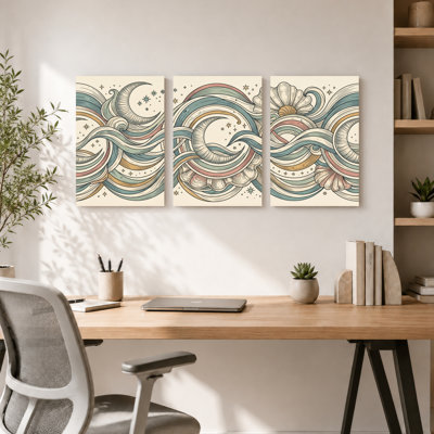 Ensemble de 3 tableaux muraux Wave Moon Art sur toile tendue pour salon, chambre à coucher et décoration intérieure