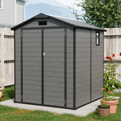 6x6 Plastic Outdoor Storage Shed Resin Tool Shed With Full-length Ridge Skylight,window And Floor Dark Grey