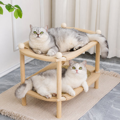 2 Tier Elevated Solid Wood Cat Lounge Bed with Double Natural Sisal Mats, Sturdy Pine Frame Cat Scratcher Perch for Claw Care & Napping, Holds Up To 45 Lbs All Season Indoor Cat Furniture Natural Wood Tone 23.2x15.4x15.8 Inch