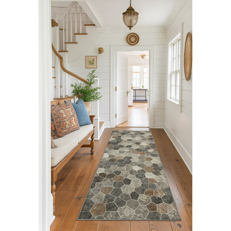 Rug Branch Joni 2' x 7' (2'3" x 7')  Grey/Beige Stone Mosaic Indoor Runner Rug, Contemporary, Low Pile, Stain-Resistant Hallway Carpet - Entryway, Mudroom, Bedroom, and Kitchen