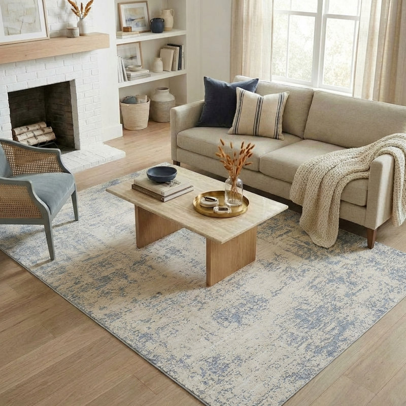 Melby Ivory/Stone Blue Contemporary Abstract Indoor Area Rug, Rectangle 5' x 7'10"