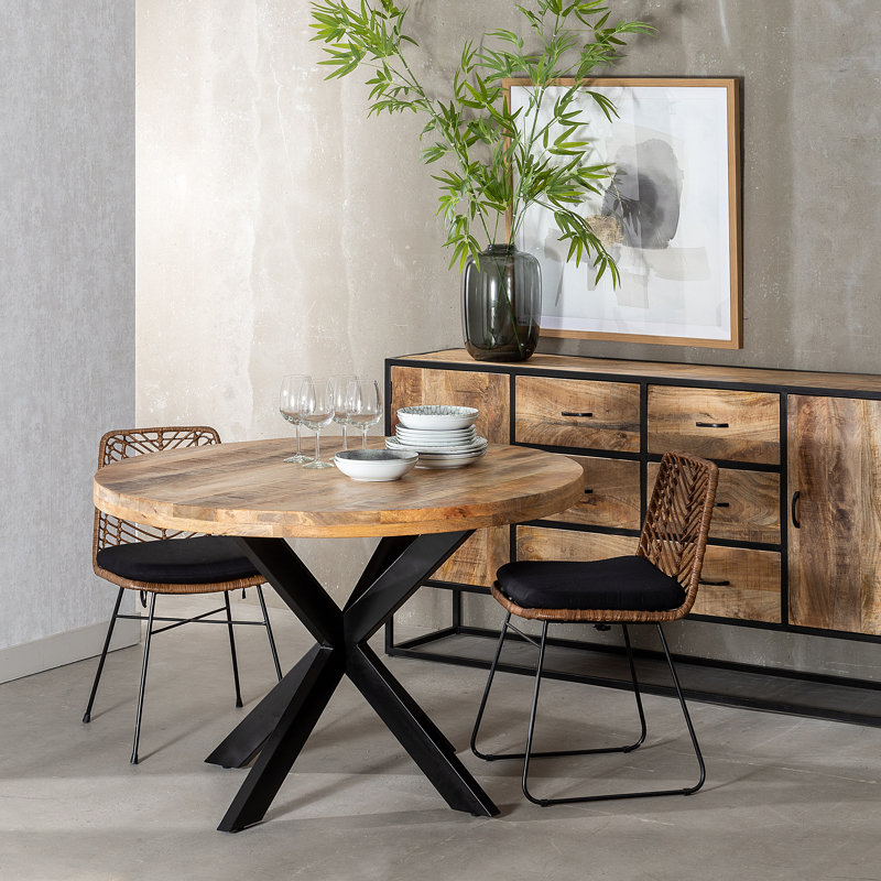 Metairie Round Solid Wood Top Metal Base Dining Table