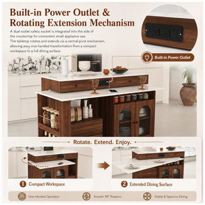 Sneha Extendable Rotating Kitchen Island with Glass Door Storage and Power Outlet