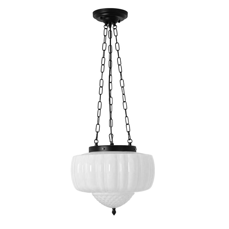 Large Milk Glass Pendant Light, White, Chain-Black
